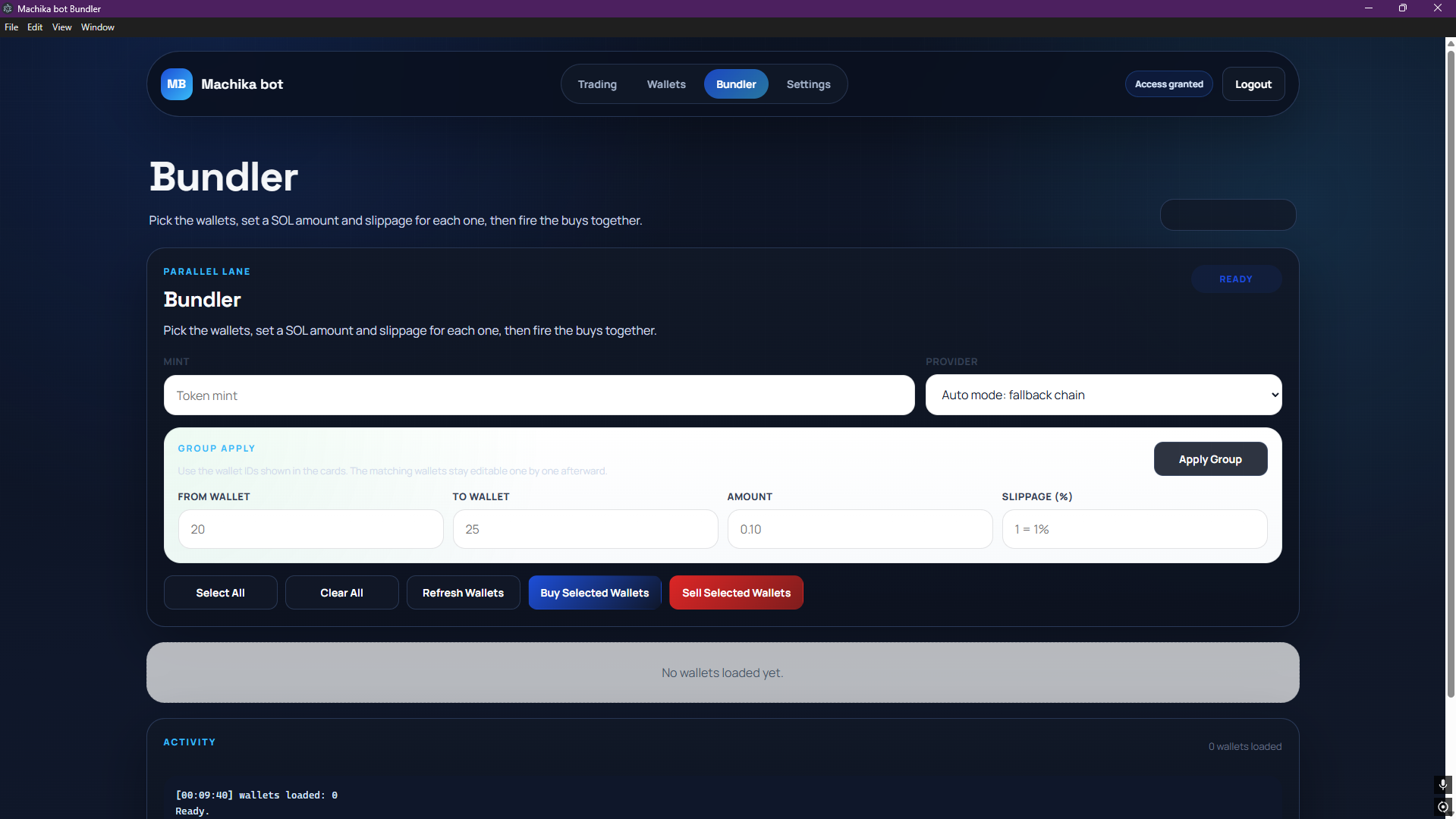 Real Bundler screen in Machika bot