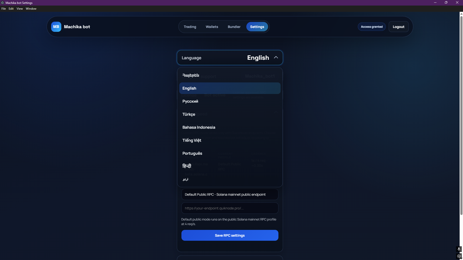 Real Settings screen in Machika bot